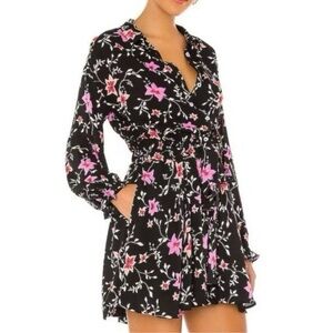 Free People Floral waist cinch dress long sleeve boho mini pockets XS